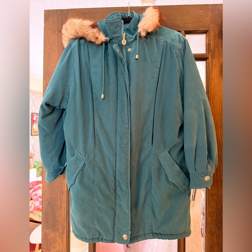 J. G. HOOK Coat Teal Size S Zip Parka Hooded Fur Trim Fox
